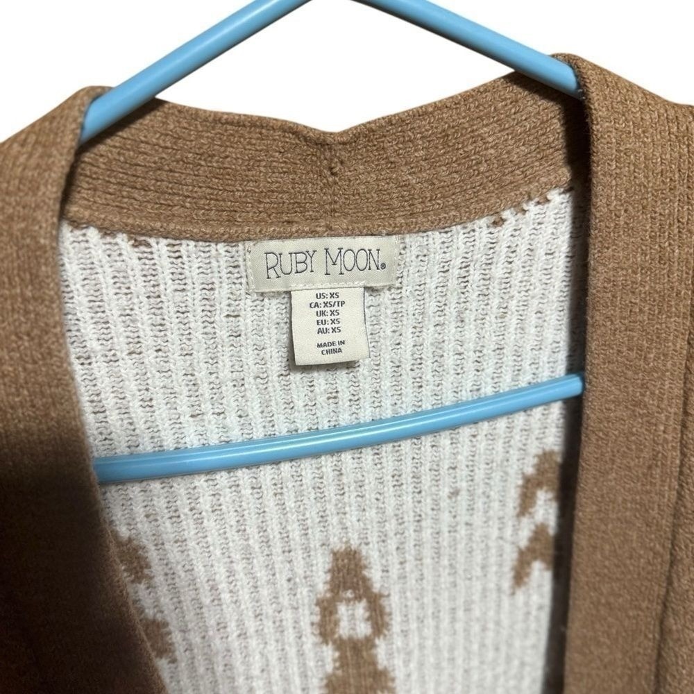 Ruby Moon Women Tan White Geometric Pattern Long Open Front Cardigan Sweater XS - Picture 6 of 9